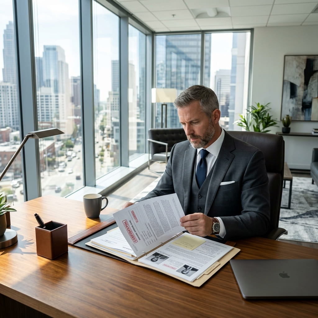 Male professional investigator reviewing dossier